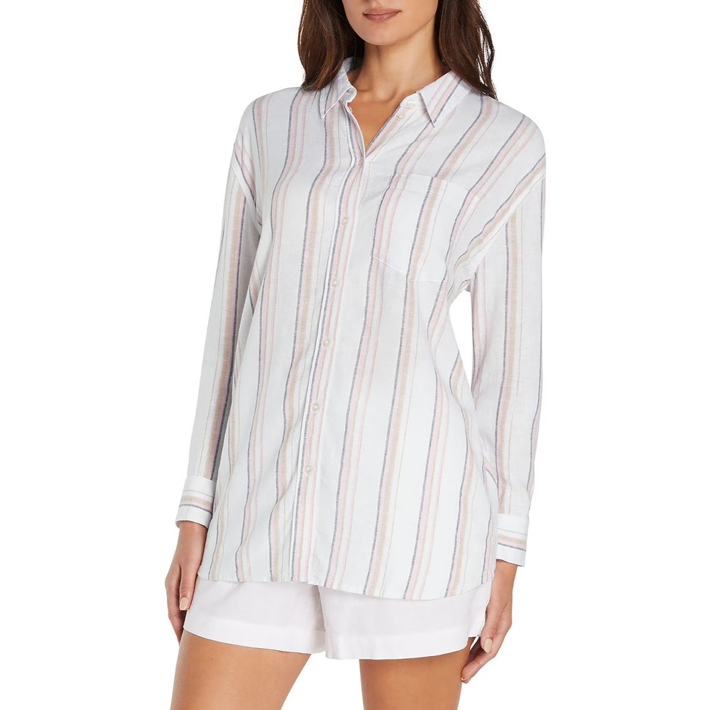 Gap Womens Linen Blend Button Down Shirt XL Multi Relaxed Fit Long Sleeve Stripe - Picture 1 of 8